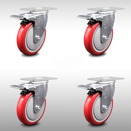 Service Caster 5 Inch SS Red Polyurethane Top Plate Caster Set Total Lock Brake SCC SCC-SSTTL20S514-PPUB-RED-4